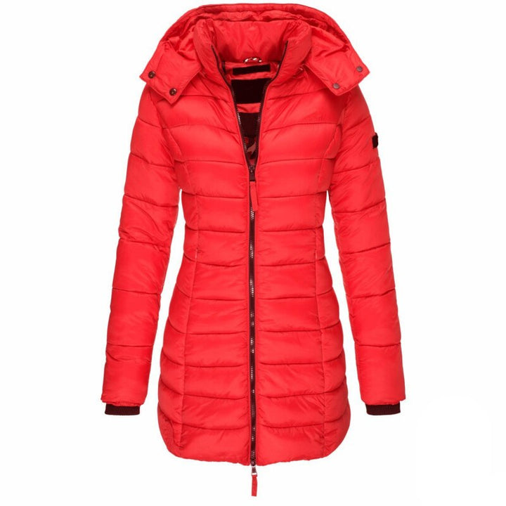 Modern women's insulated winter coat with a stylish hood, offering ultimate warmth & comfort.