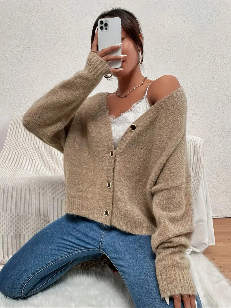 Women's cozy khaki knitted sweater for ultimate comfort in cold weather. Perfect for fall & winter fashion.