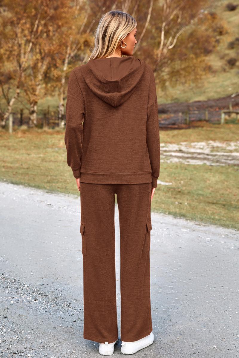 Stylish women's knit two-piece lounge set, featuring a soft knit hoodie and wide-leg pants for casual fashion.