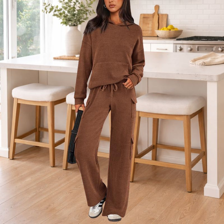 Women's soft knit hoodie and wide-leg pant lounge set. Stylish two-piece outfit for relaxed, casual fashion.