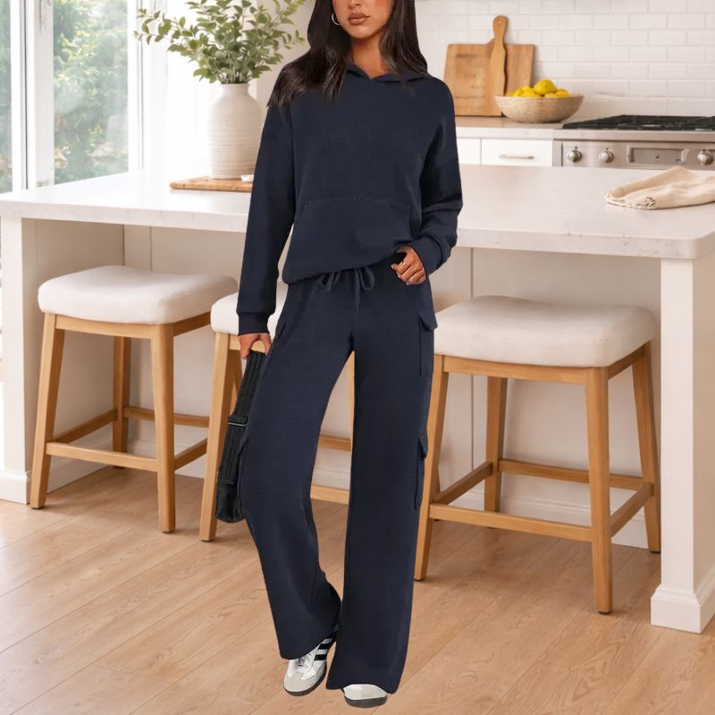 Women's knit two-piece lounge set. Cozy hoodie and wide-leg pants for comfortable, casual everyday fashion.