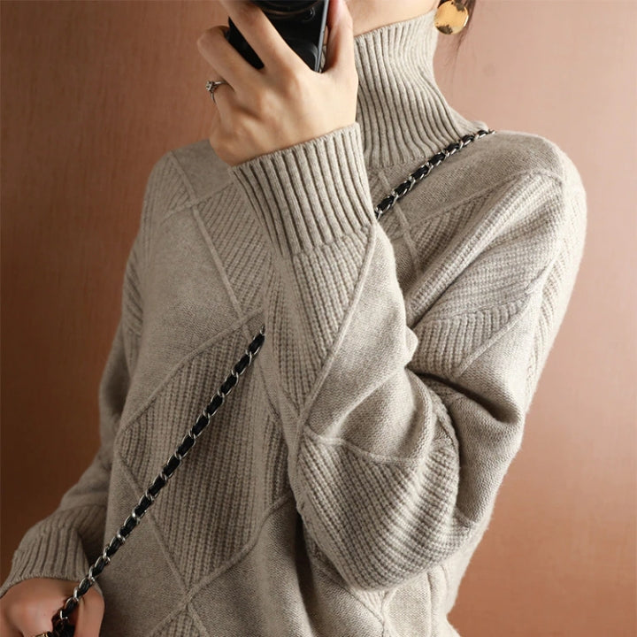 Long sleeve women's sweater. Cozy knit turtleneck pullover, perfect for casual chic.