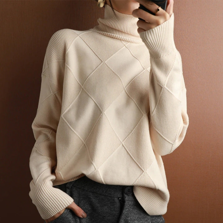 Women's elegant turtleneck top. Cozy knit sweater, perfect for winter fashion & comfort.