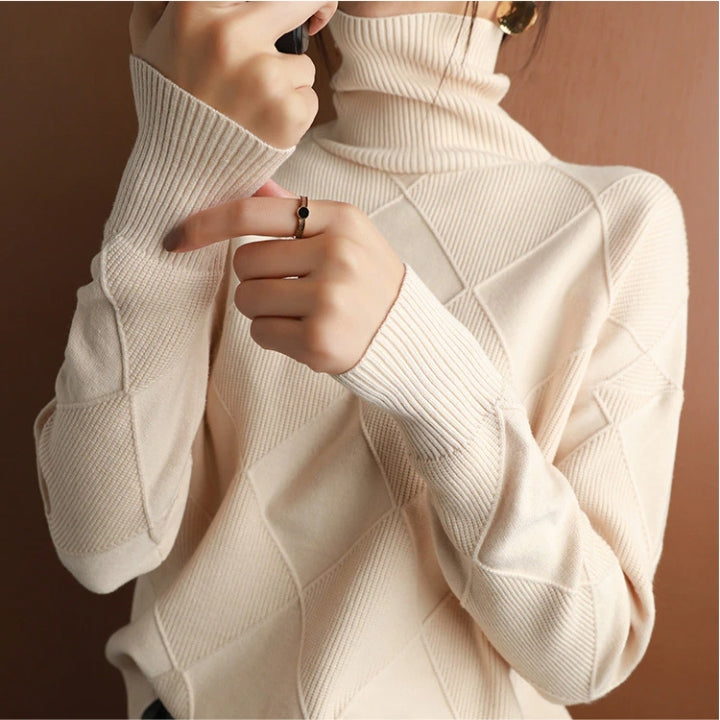 Close-up of women's cozy knit turtleneck sweater texture. Perfect for winter fashion.