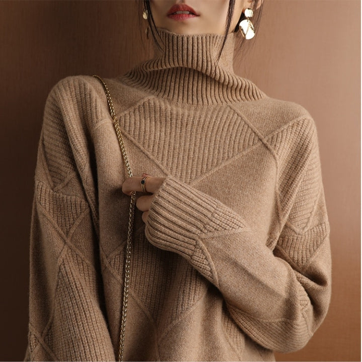 Model wearing a women's cozy turtleneck sweater, showing elegant style and warmth.
