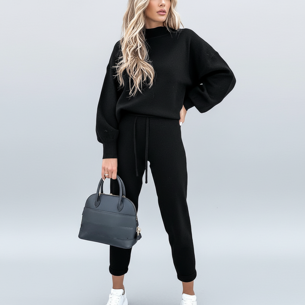 Fashionable women's two-piece loungewear set, cozy knit, soft fabric, ideal for autumn winter