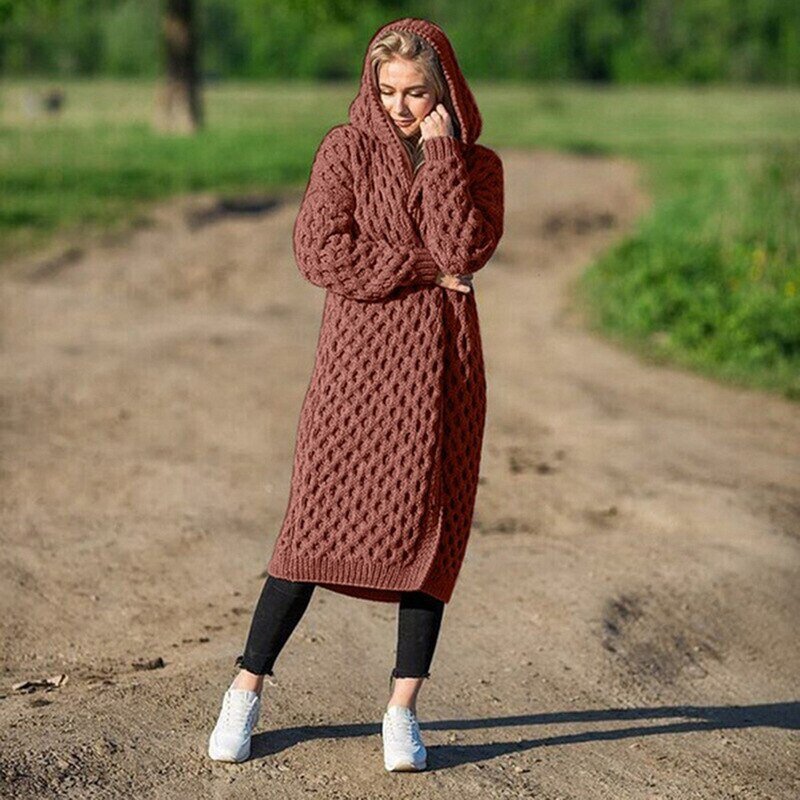 Plush knitted hooded cardigan for women, featuring a soft texture & practical pockets. Available in plus sizes.