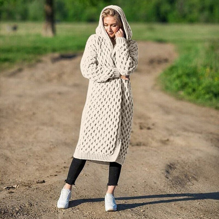 Emma women's cozy knitted hooded cardigan. Soft, warm, longline with pockets, perfect versatile outerwear.