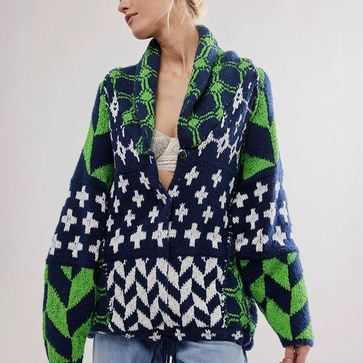 Cozy knitted oversized cardigan with unique geometric pattern. Comfortable women's fall & winter sweater.
