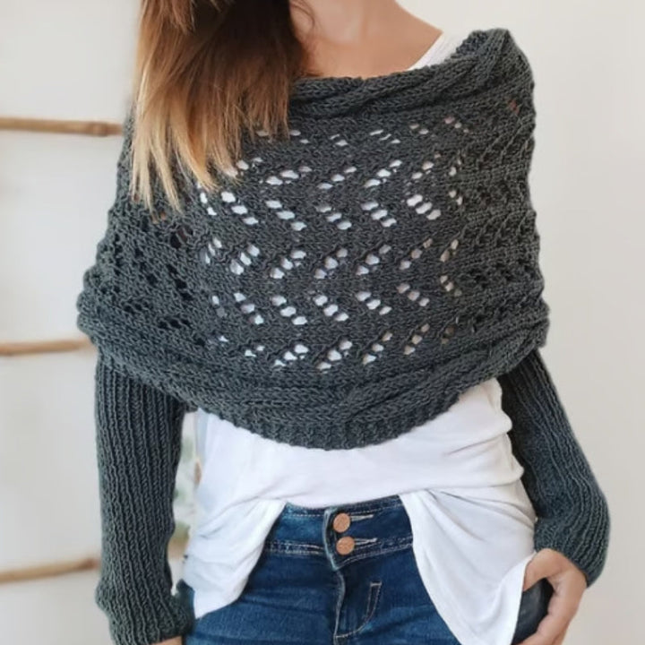 Soft comfort women's knitted scarf with sleeves. A cozy, hypoallergenic winter accessory and elegant fall fashion wrap.