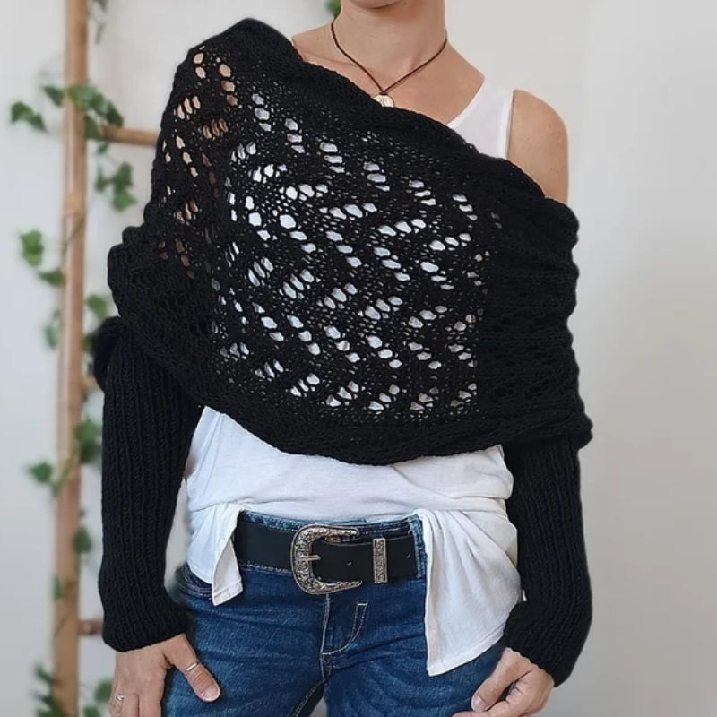 Cozy fashion women's knitted scarf with sleeves. Hypoallergenic and soft comfort, an elegant one-size winter accessory.
