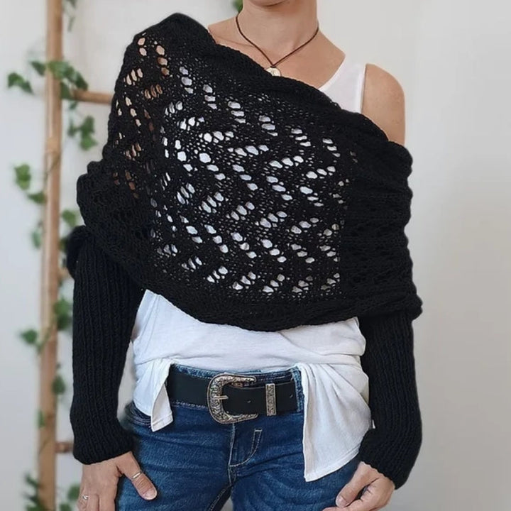 Cozy fashion women's knitted scarf with sleeves. Hypoallergenic and soft comfort, an elegant one-size winter accessory.