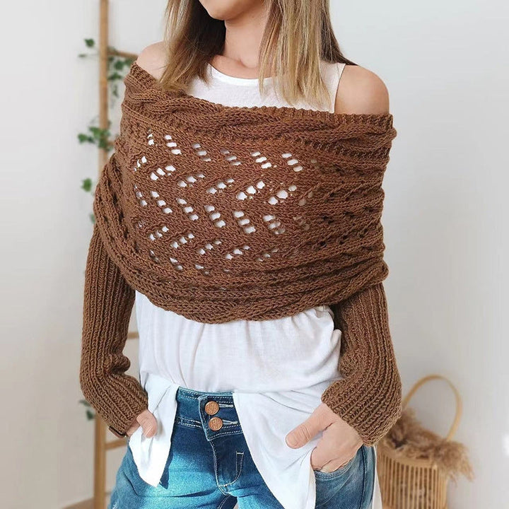Elegant one-size knitted scarf with sleeves for women. A soft, cozy wrap, ideal as a winter or fall fashion accessory.