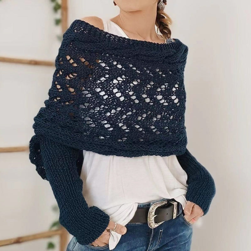 Warm women's knitted scarf with sleeves. Hypoallergenic, soft comfort, and one-size elegant wrap for fall & winter.