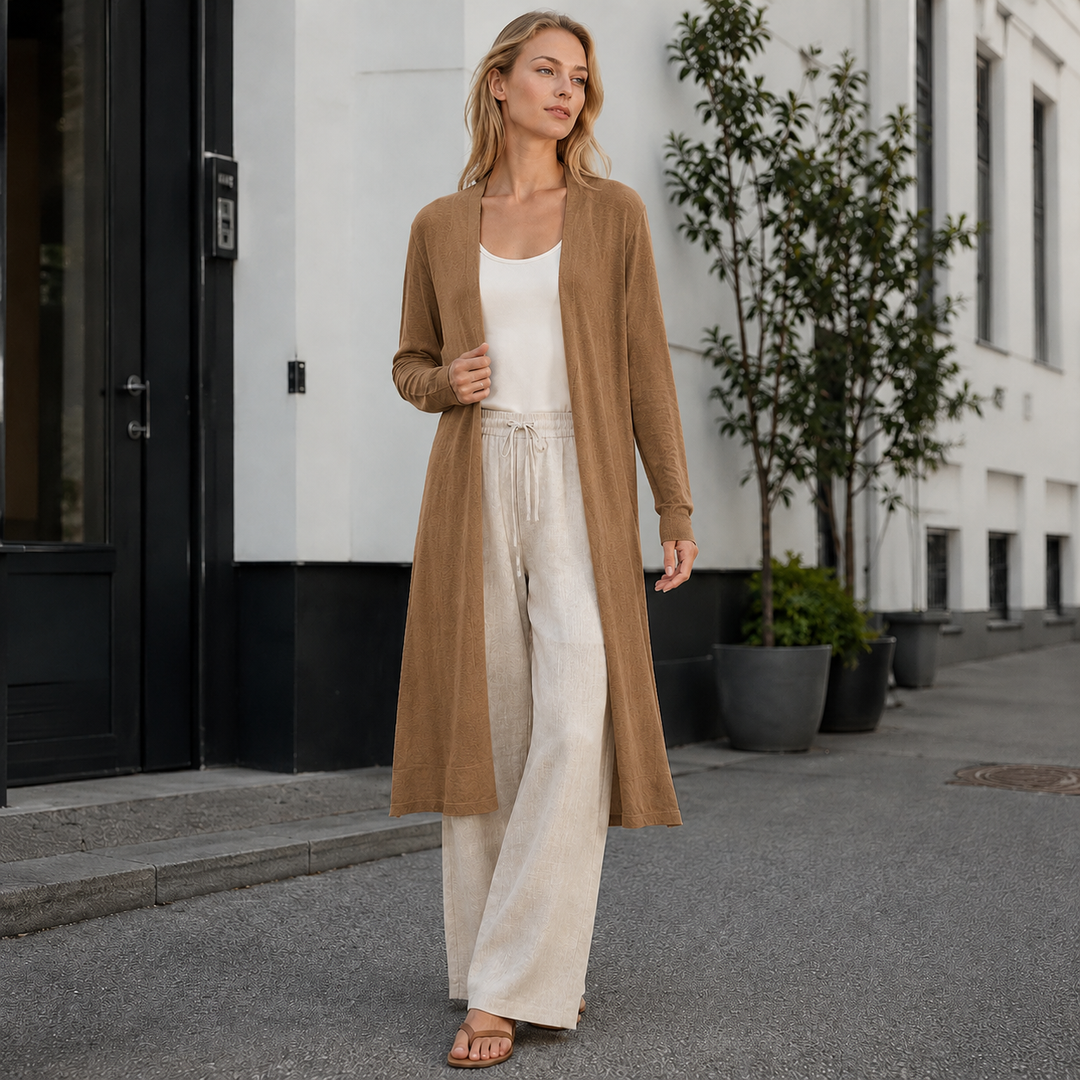 Soft knit long cardigan for women, perfect layering top & versatile everyday outerwear.