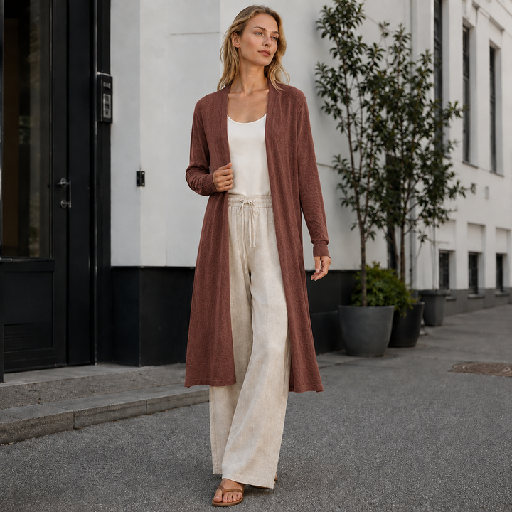 Stylish women's long knit cardigan, a warm & cozy essential for autumn and winter fashion.