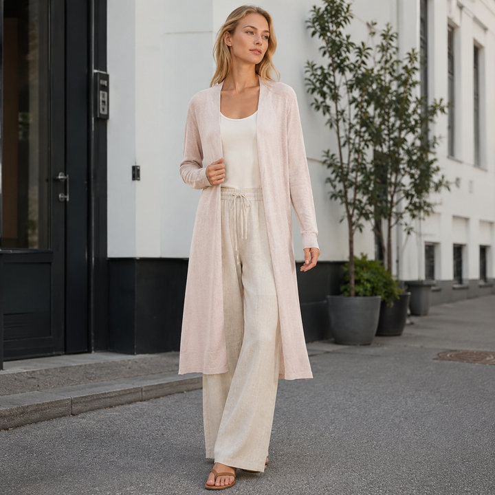 Comfortable women's long knit cardigan, great for everyday wear & cozy winter fashion.