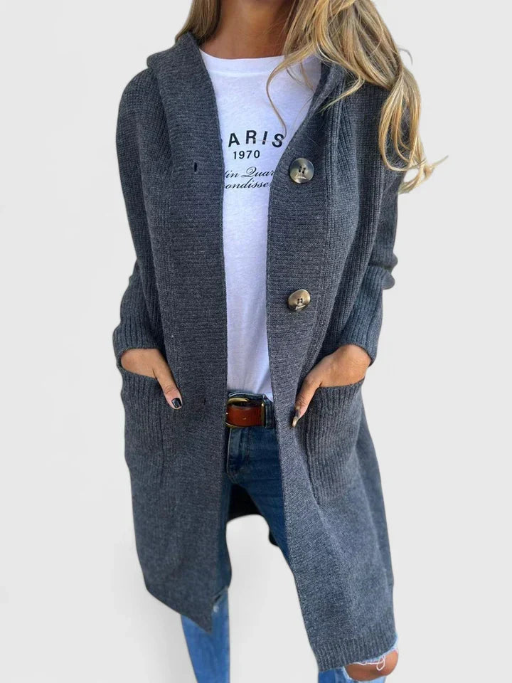 Women's cozy longline knit cardigan, perfect for comfortable and stylish fall & winter layering.