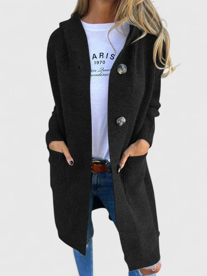 Stylish women's longline button-front cardigan, a versatile knit top for effortless layering and comfort.