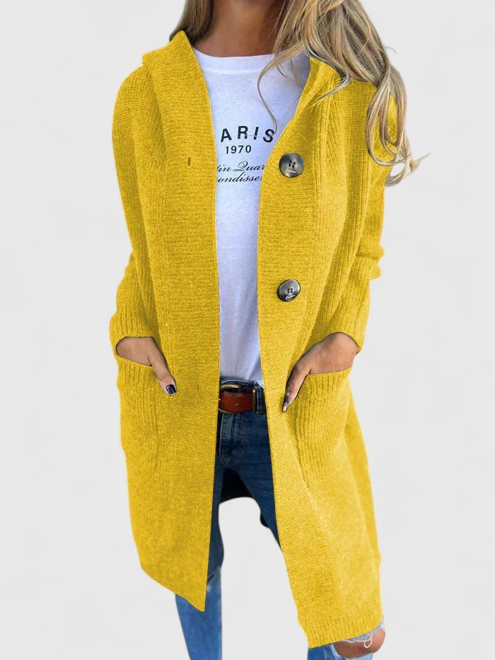 Comfortable women's longline cardigan with button-front closure, ideal for cozy fall and winter fashion.