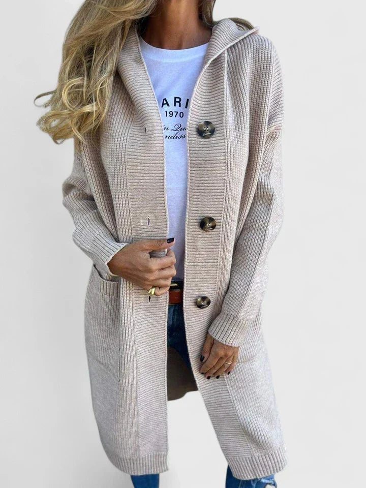 Women's essential longline knit cardigan, a comfortable button-front piece for stylish fall & winter fashion.