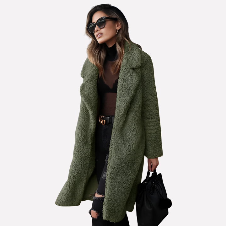 Women's cozy longline teddy coat, notched collar, soft winter outerwear for warmth & style.