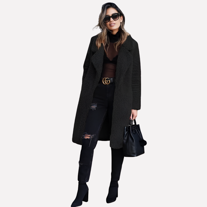 Elegant longline teddy coat for women, cozy winter jacket featuring a stylish notched collar.