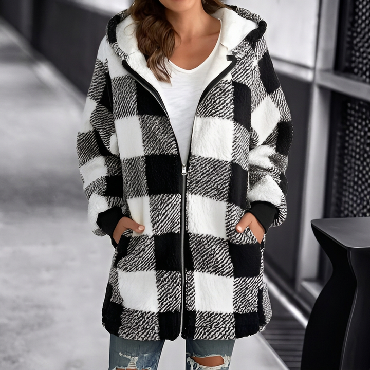 Women's cozy oversized plaid hoodie cardigan. Perfect loose fit long sleeve for fall & winter casual comfort.