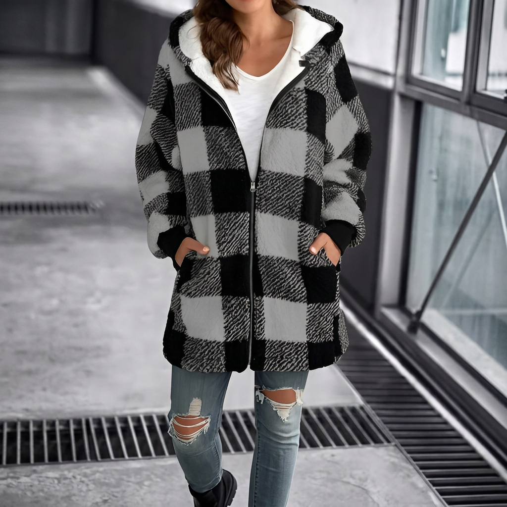 Loose fit women's plaid hooded top. Long sleeve oversized cardigan for everyday casual wear & fall fashion.