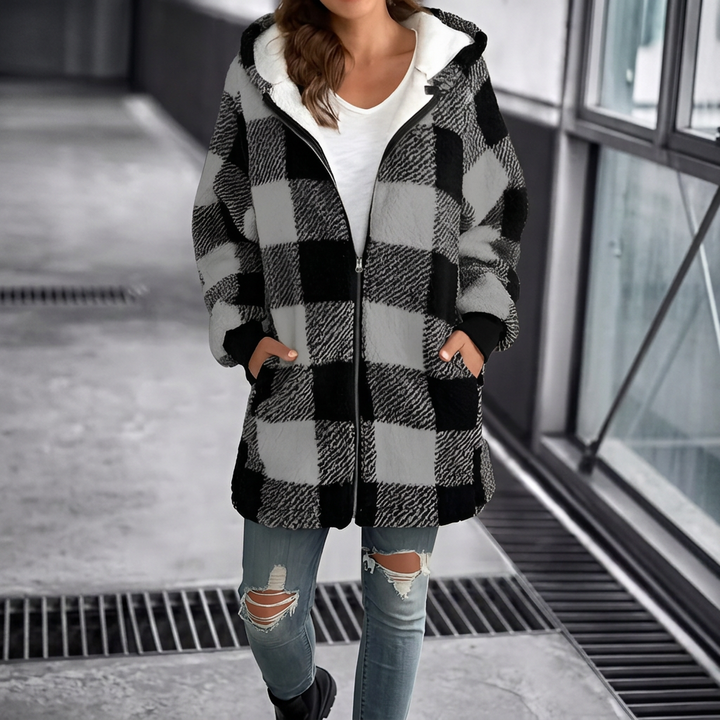 Loose fit women's plaid hooded top. Long sleeve oversized cardigan for everyday casual wear & fall fashion.