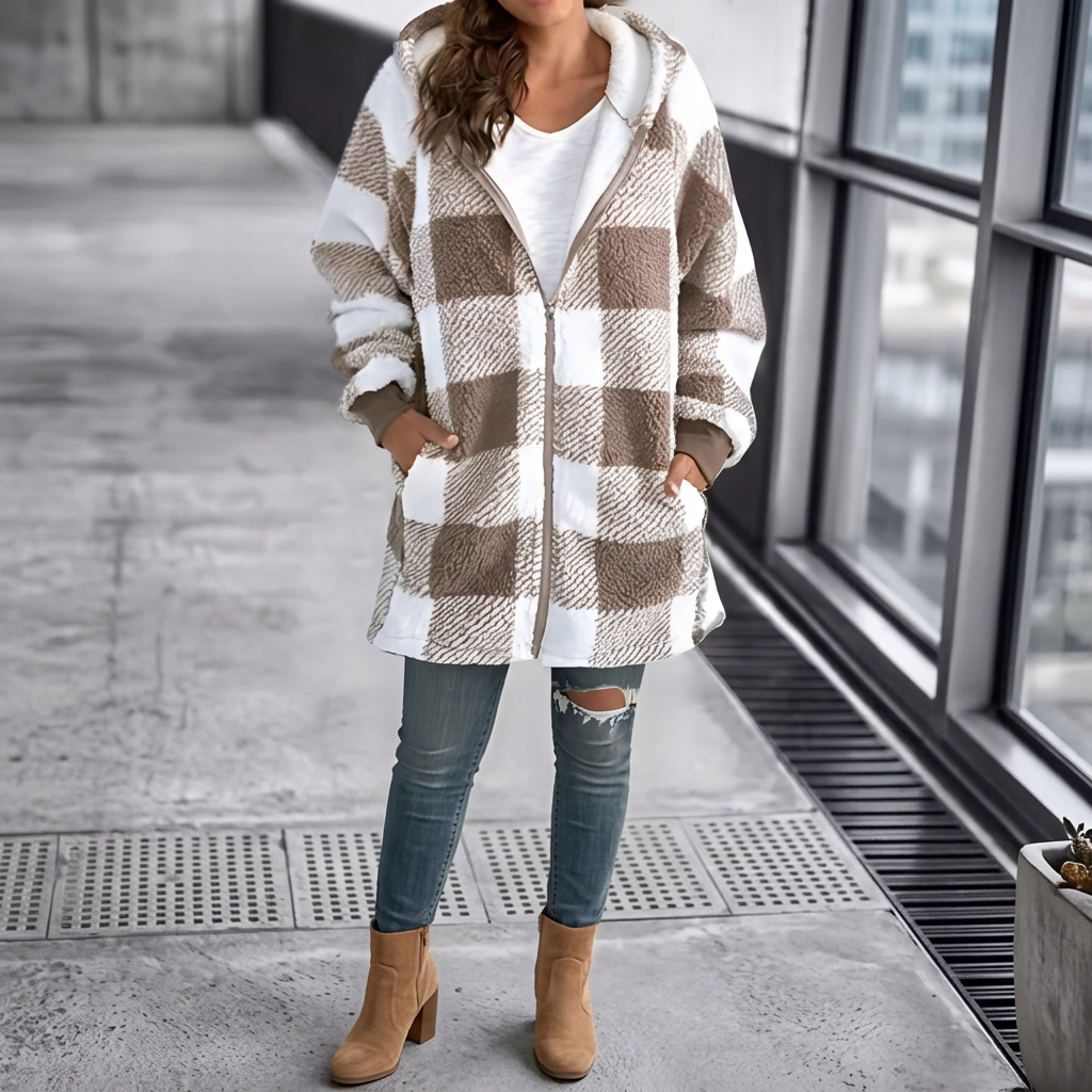 Stylish women's plaid oversized hoodie cardigan. Loose fit, long sleeve casual wear, ideal for fall comfort.