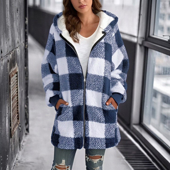 Warm women's plaid oversized cardigan, feels like a jacket. Hooded, long sleeve for everyday cozy casual wear.