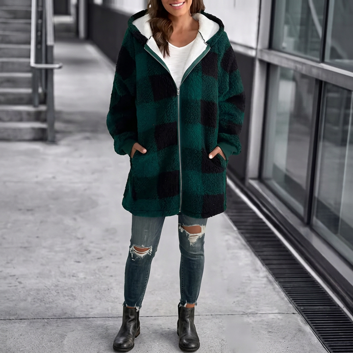 Women's long sleeve plaid oversized hoodie cardigan, a loose fit for cozy fall fashion & casual wear.