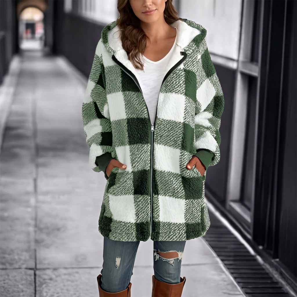 Oversized women's plaid hooded cardigan for ultimate winter comfort. Long sleeve, loose fit, versatile casual wear.