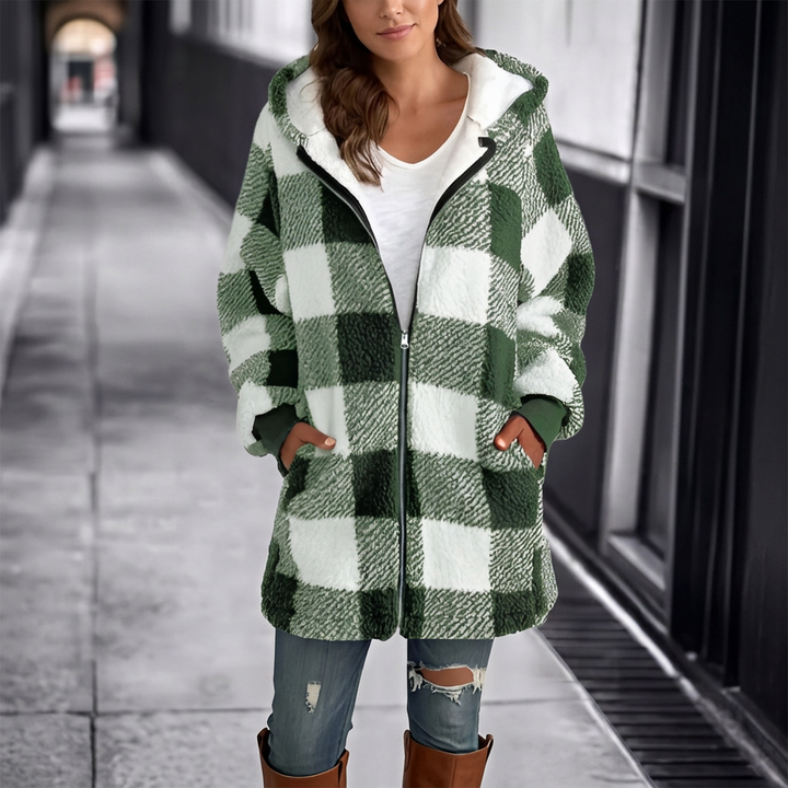 Oversized women's plaid hooded cardigan for ultimate winter comfort. Long sleeve, loose fit, versatile casual wear.