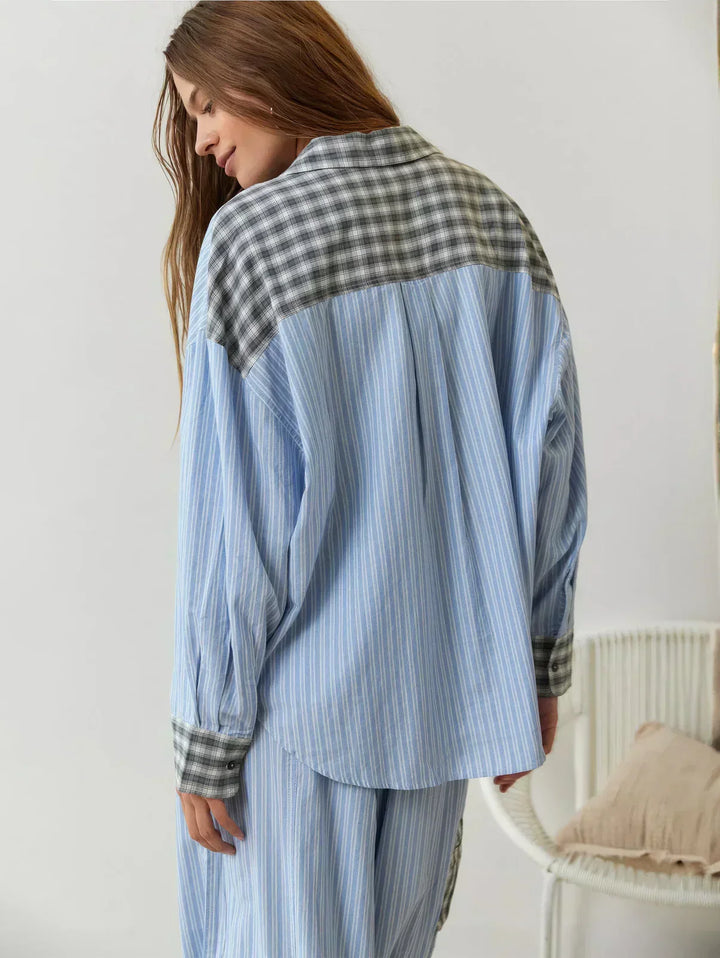 Stylish women's plaid pajama set for weekend comfort. Button-up sleep shirt & relaxed fit pants for home wear.