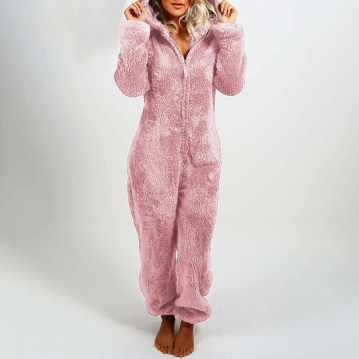 Women's cozy plush hooded onesie pajama for ultimate comfort and relaxation. Perfect soft loungewear.