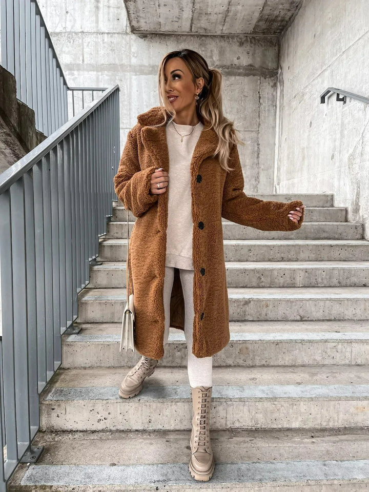 Stylish women's teddy trench coat, a soft plush longline jacket for elegant fall & winter fashion.