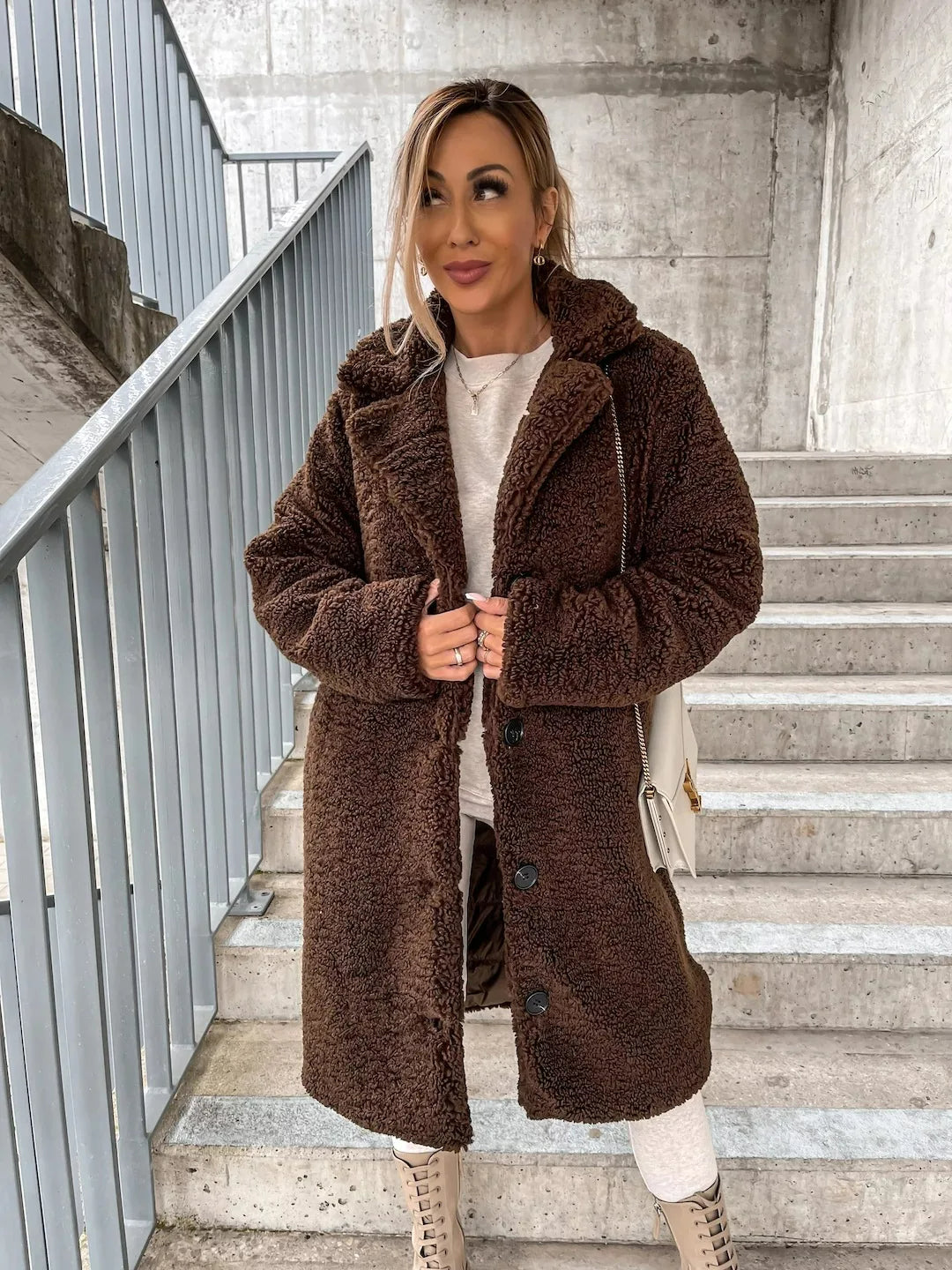 Chic longline teddy trench coat, a women's plush oversized jacket perfect for cozy winter fashion.