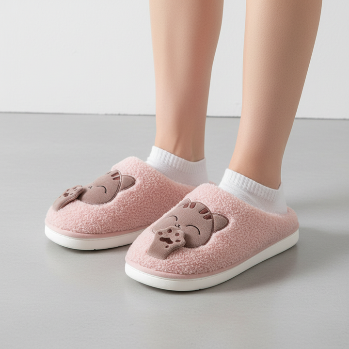 Top view of women's warm plush slippers, brown, designed for ultimate indoor relaxation