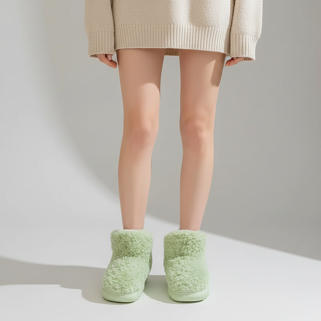 Woman wearing cozy gray plush slippers, walking from indoors to outdoors, comfort footwear