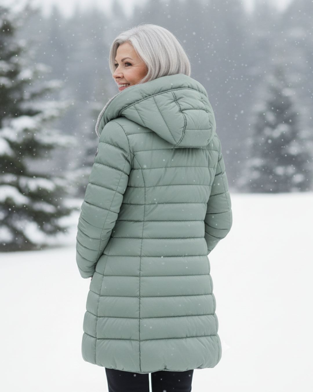 Warm women's winter puffer jacket, perfect for cold weather comfort.