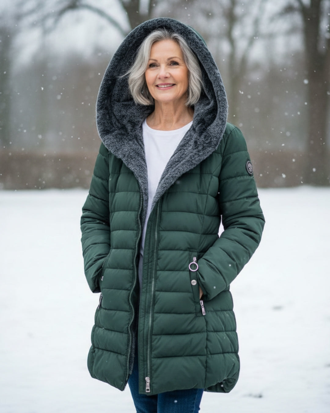 Cozy women's black puffer jacket, ideal for cold winter days.