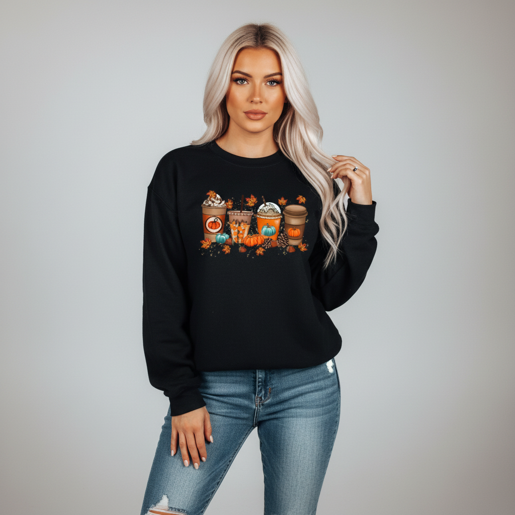 Women's cozy pumpkin & coffee autumn sweatshirt, soft cotton for fall fashion