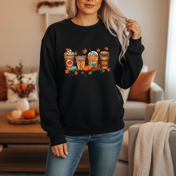 Casual women's long sleeve autumn wear sweatshirt with pumpkin and coffee print