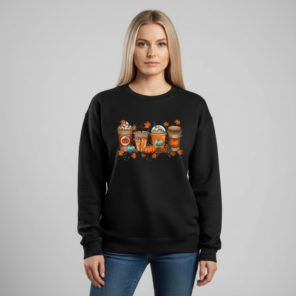 Alina women's cozy top, autumn sweatshirt with festive pumpkin and coffee design