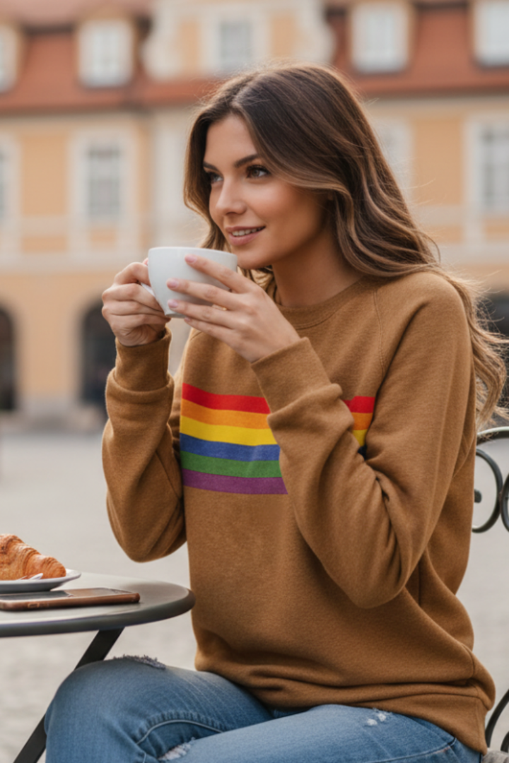 Retro-style women's rainbow striped pullover, a comfortable and cozy top for everyday casual fashion.