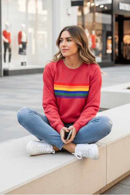 Vibrant rainbow striped women's sweatshirt. A soft, comfortable layering piece for cozy casual outfits.