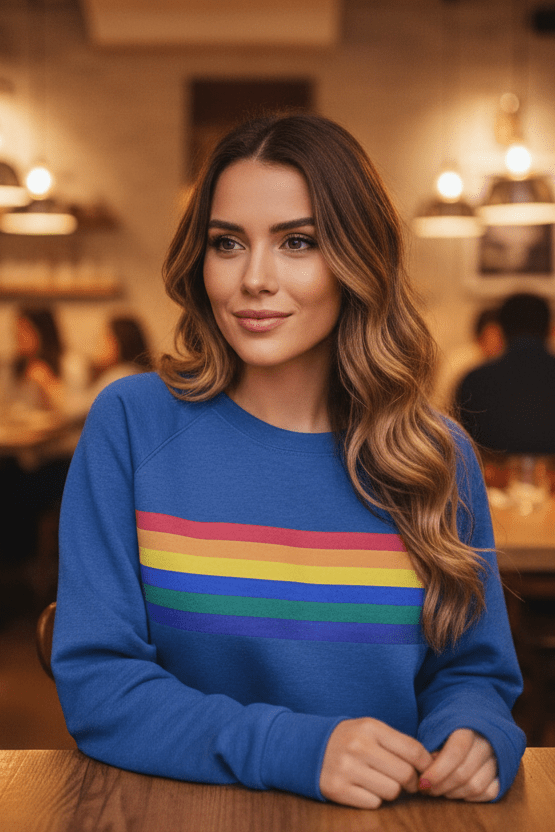 Vintage-inspired women's cozy top featuring bold rainbow stripes. A comfortable pullover for retro fashion.