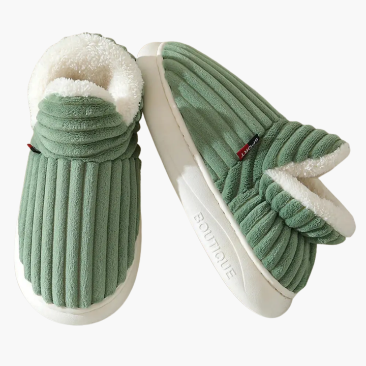 Comfortable women's ribbed bootie slippers. Warm bootie design for cozy indoor house shoes.
